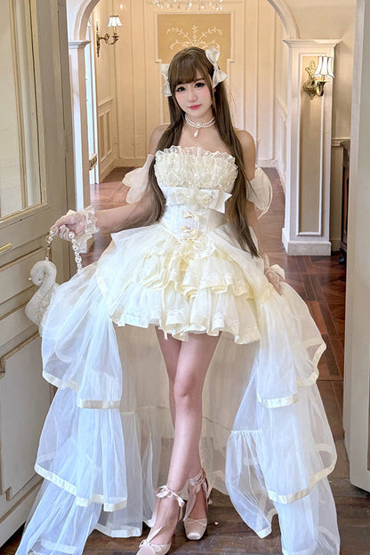 Mousse Love Song Off-Shoulder Sleeveless Triple-Layered Ruffled Hanayome Bow Sweet Elegant Ballet Lolita Short Dress Set in Beige
