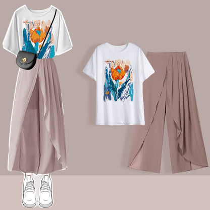 Pleated Split T-Shirt Pants Printed Set Chiffon