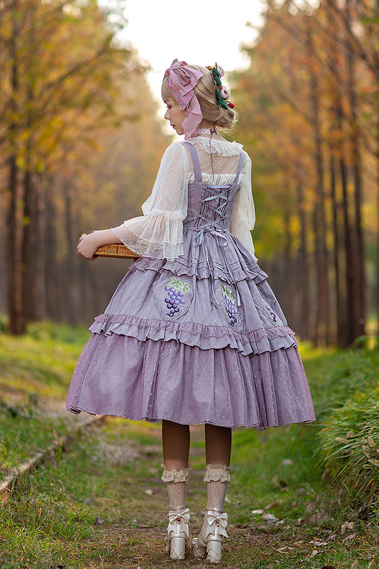 Purple Sleeveless Jacquard Ruffle Embroidery Sweet JSK Dress - Vineyard