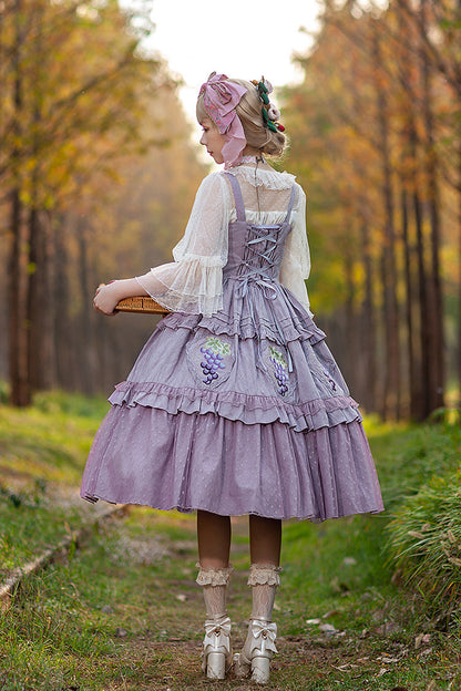 Purple Sleeveless Jacquard Ruffle Embroidery Sweet JSK Dress - Vineyard