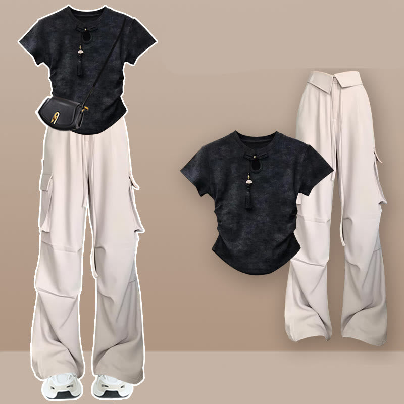 Pantalon cargo T-shirt à pompons et boucles