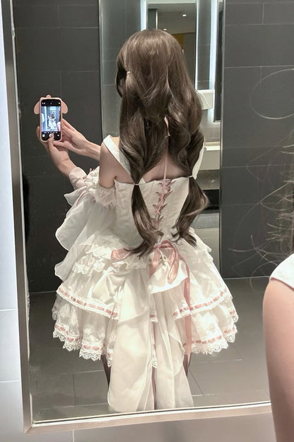 White Little Love Song Detachable Flared Sleeves Ruffle Bow Lace Sweet Set