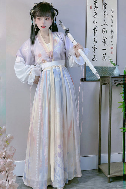 Classic Tang Collar Printed Hanfu Ensemble with Round Neck