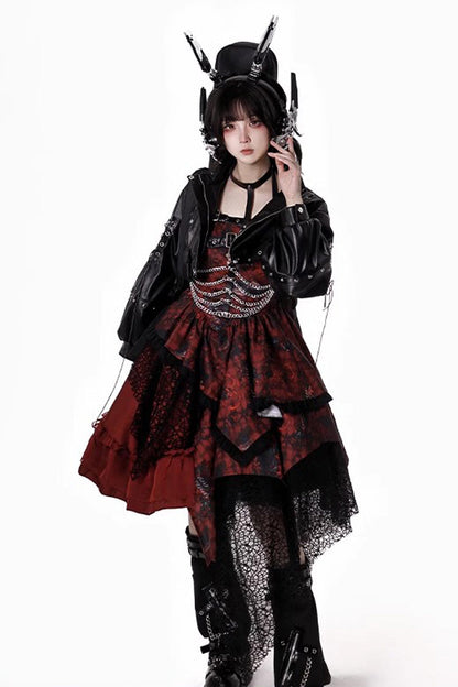 Sleeveless Printed Gothic JSK Dress with Asymmetric Ruffled Lace - Strawberries of Blood and Tears