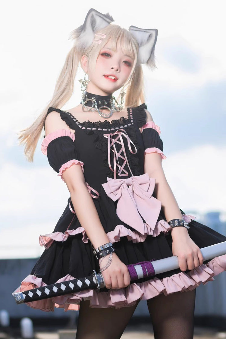 Black Pink Sleeveless Multi-Layer Ruffle Bow Sweet Lolita JSK Dress