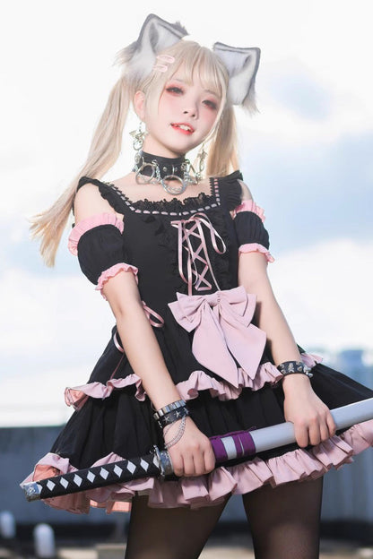 Black Pink Sleeveless Multi-Layer Ruffle Bow Sweet Lolita JSK Dress
