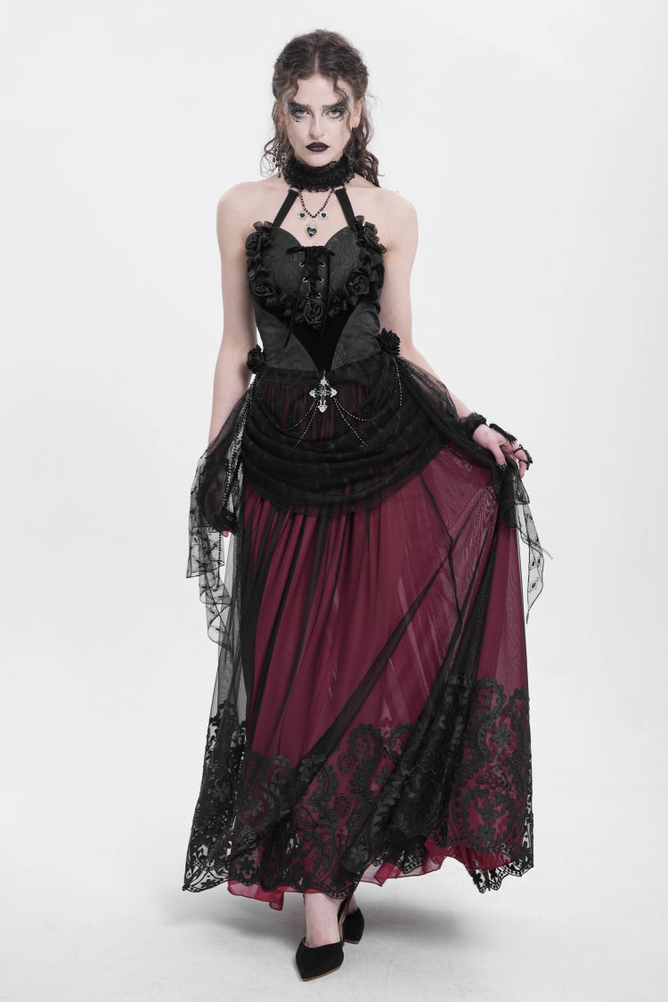 Crimson Stitched Floral Mesh Women's Goth Skirt