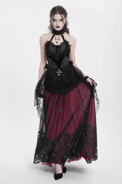 Crimson Stitched Floral Mesh Women's Goth Skirt
