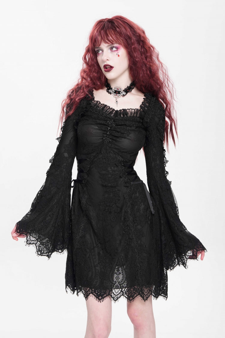 Square Collar Trumpet Sleeve Embroidered Lace-Up Gothic Dress