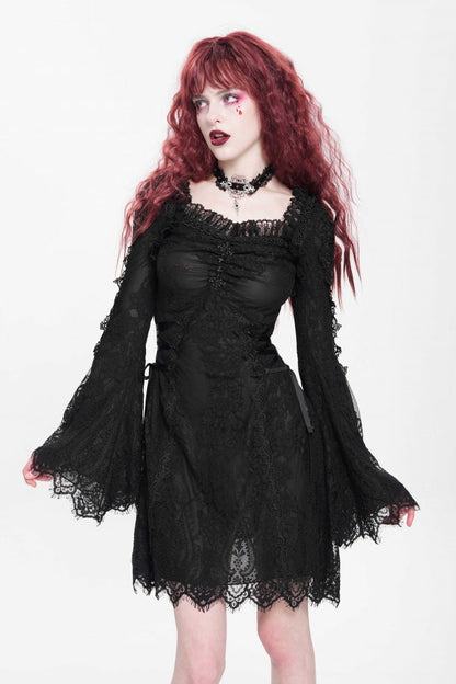 Square Collar Trumpet Sleeve Embroidered Lace-Up Gothic Dress