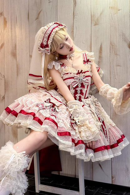 Rose Moonstone Sleeveless Ruffle Embroidery Bow Lace Fishbone Sweet Princess Gown