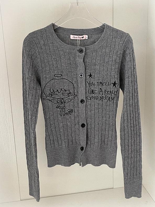 Grey Manga Girl Embroidery Slim-fit Cardigan