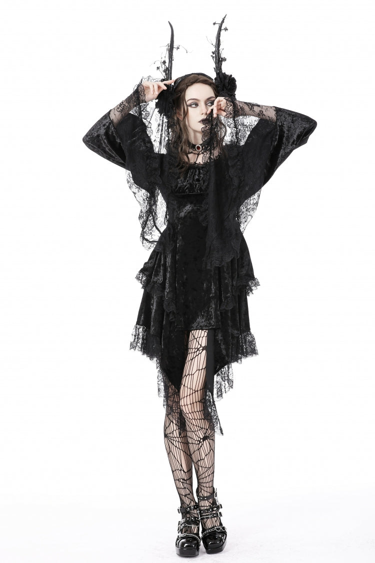 Long Trumpet Sleeve Lace Spliced Black Gothic Velvet Dress