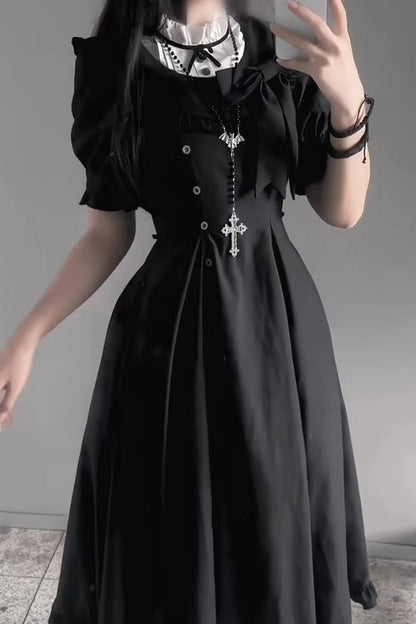 Black Elegant Gothic Lolita Dress with Stand Collar and Ruffled Short Sleeves