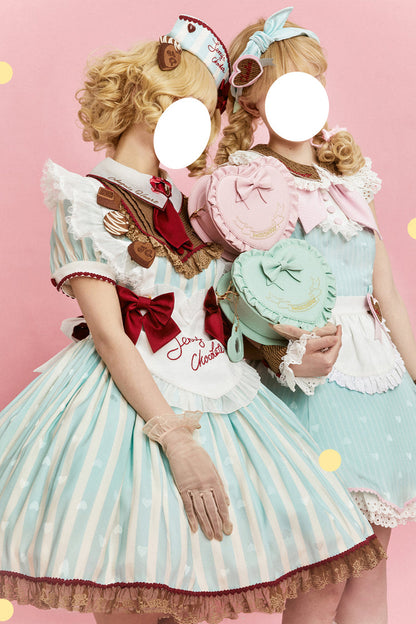 Emerald Jenny's Chocolate Short Sleeves Vertical Stripes Print Ruffle Bow Sweet Lolita Dress