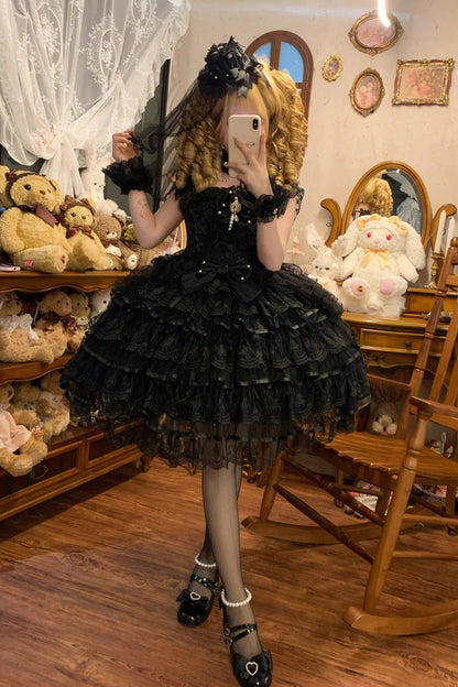 Black Feathers Ballad Sleeveless Multi-Layered Ruffle Hanayome Bow Gothic Lolita Jsk Dress