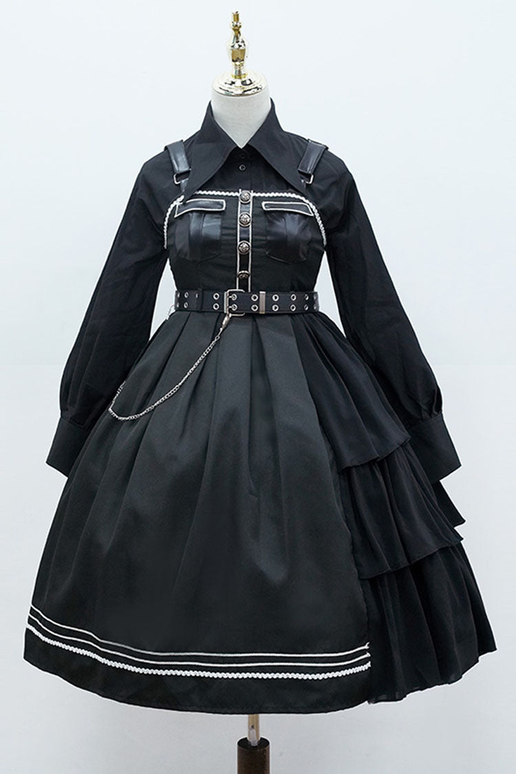 Dark V-Neck Military Lolita JSK Dress with Rivets and Epaulettes