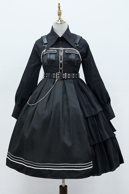 Dark V-Neck Military Lolita JSK Dress with Rivets and Epaulettes
