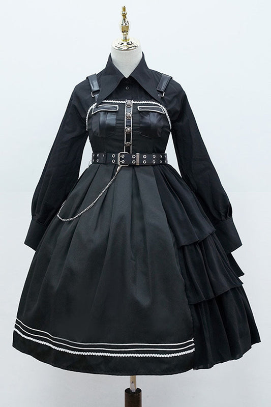 Dark V-Neck Military Lolita JSK Dress with Rivets and Epaulettes