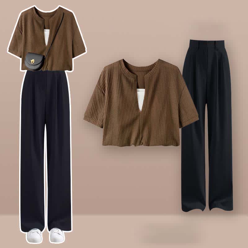 Pieces Set Casual Crop Top Fake Pants Two T-Shirt