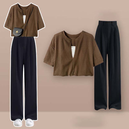 Pieces Set Casual Crop Top Fake Pants Two T-Shirt