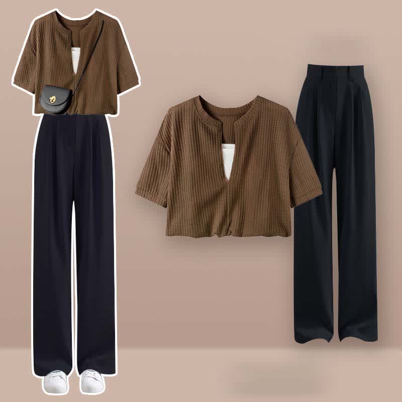 Pieces Set Casual Crop Top Fake Pants Two T-Shirt