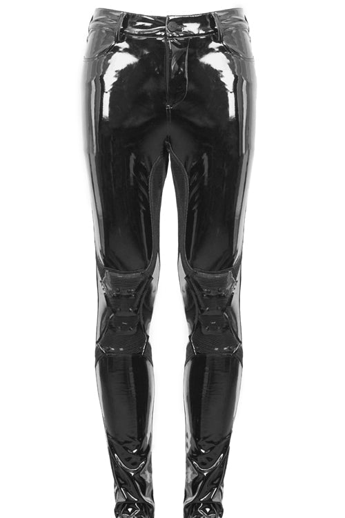 Dark Shiny Faux Leather Skinny Pants with Kneepad