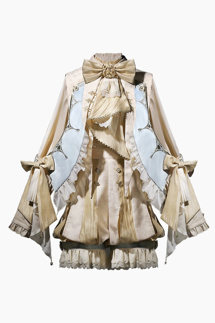 Golden Stand-Collar Long-Sleeve Embroidered Ruffled Bow Ouji Ensemble