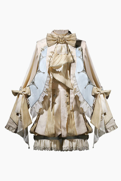 Golden Stand-Collar Long-Sleeve Embroidered Ruffled Bow Ouji Ensemble