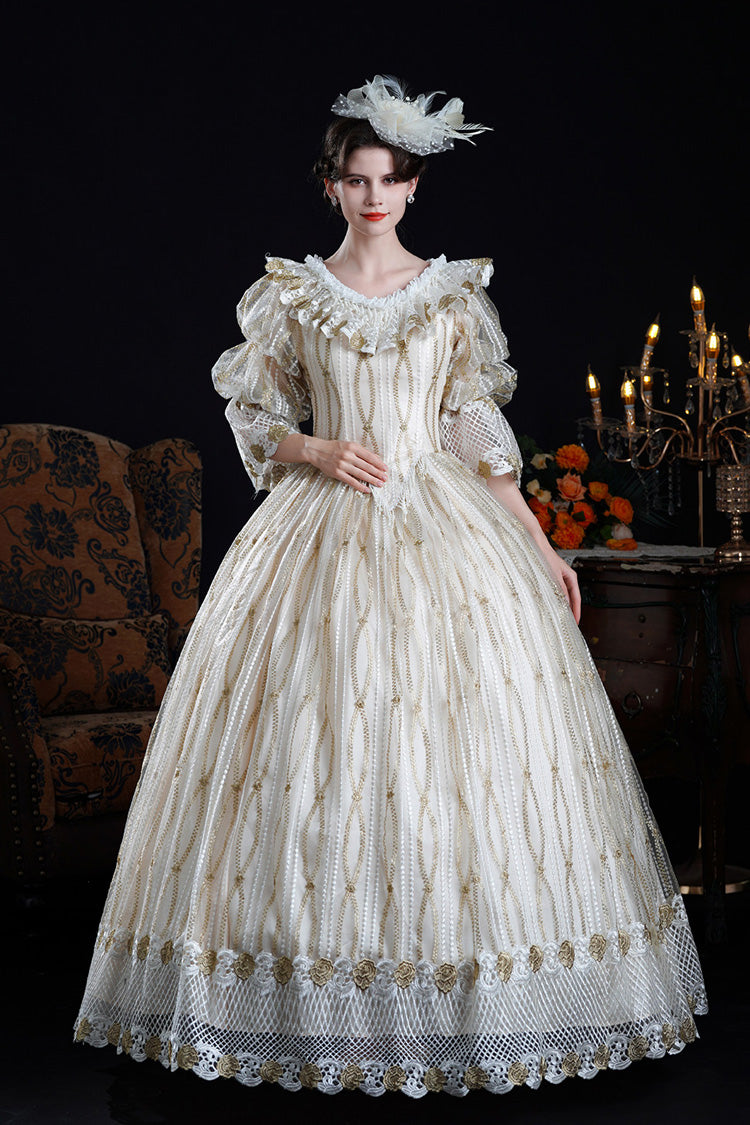Ruffled Cut-Out Mesh Victorian Dress with Puff Sleeves