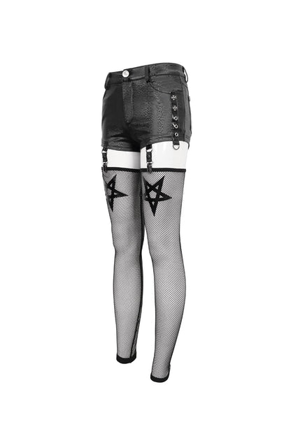 Pentagram Punk Shorts with Stockings in Black Faux Leather for Women