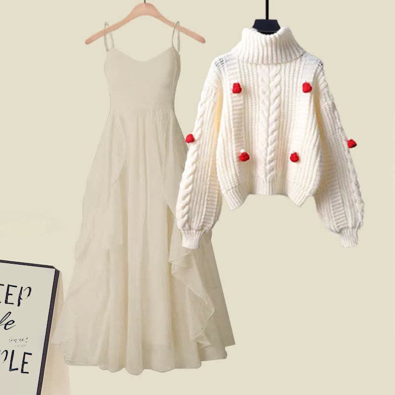 Slip Cable Flouncing Set Dress Turtleneck Sweater