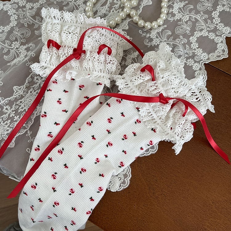 Black/White Floral Pattern Bowknot Details Lace Trim Calf Socks