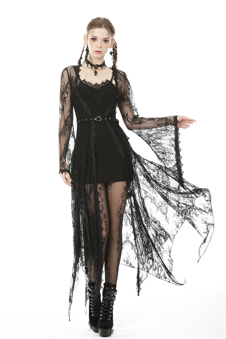 Maxi Cloak with Floral Lace and Belted Waist - Dark