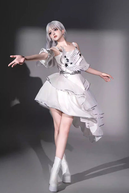 Asymmetric Futuristic Punk Jumper Dress Set - White Silver Wings