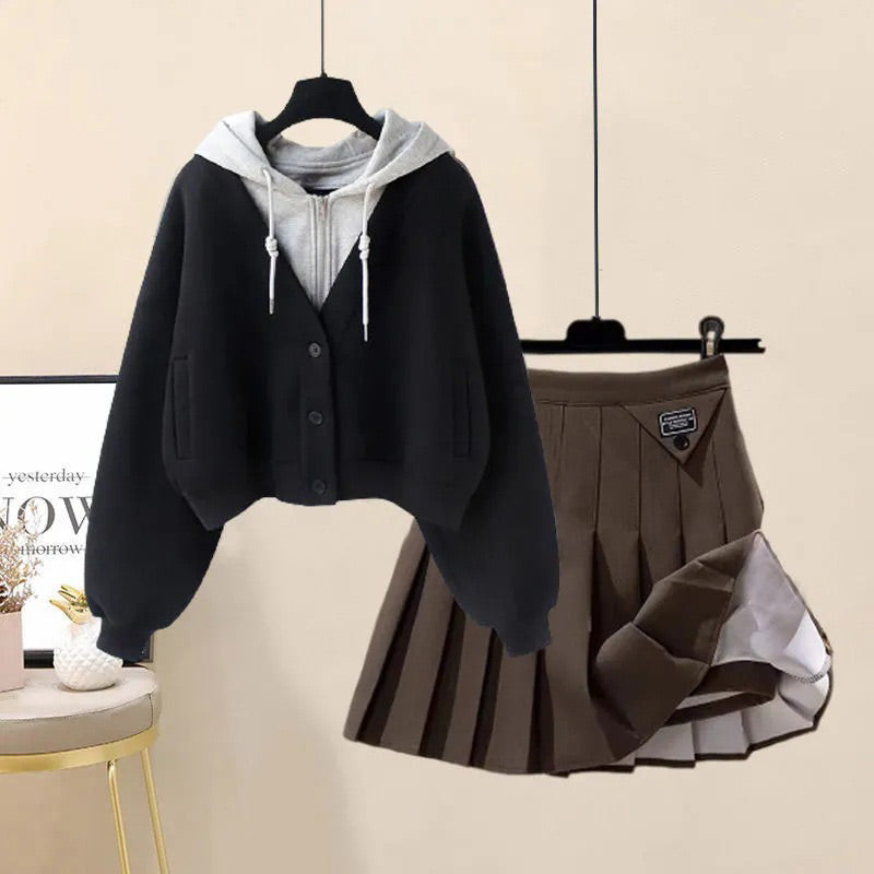 Colorblock Pocket Hoodie Pleated Skirt Set