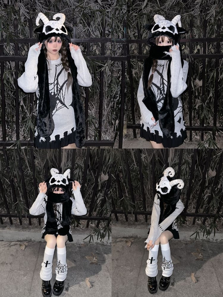 Black and White Scarf Gloves and Hat All-in-one with Horns