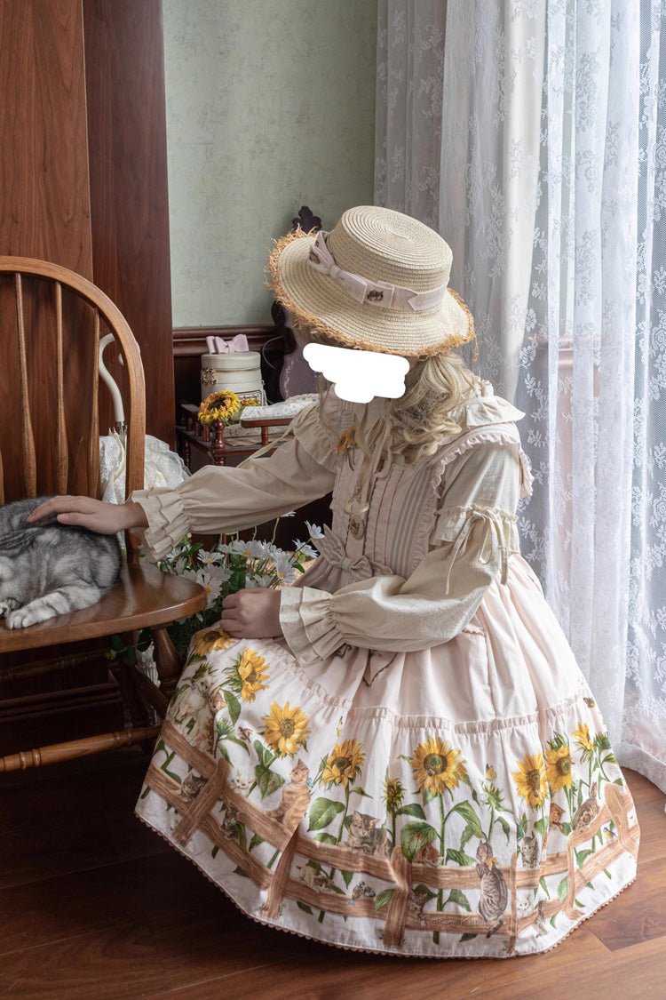 Sunflower-Print Bow-Adorned Sweet Lolita JSK Dress in Two Tones