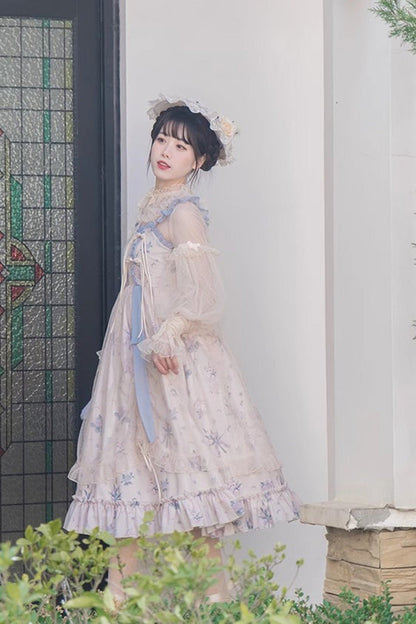 Elegant Floral Wall Print Sweet Lolita Gown with Ruffles
