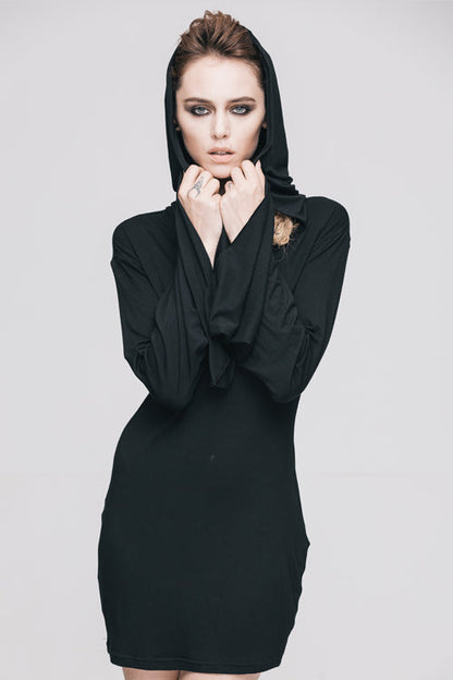 Flared Sleeve Hooded Knit Gothic Mini Dress