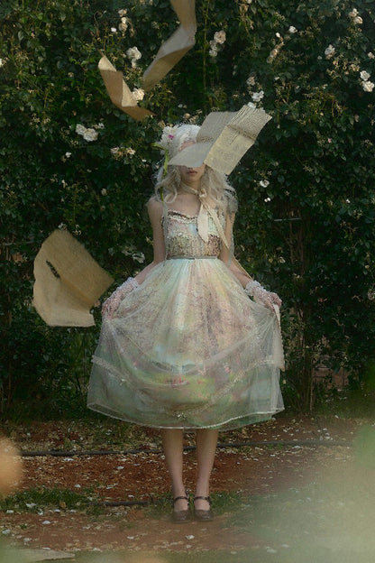 Emerald Oil Painting Spring Sleeveless Print Ruffle Bowknot Lace Sweet Lolita JSK