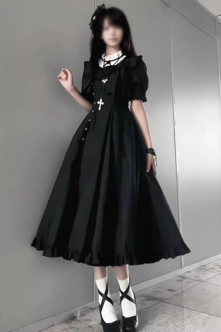 Black Elegant Gothic Lolita Dress with Stand Collar and Ruffled Short Sleeves