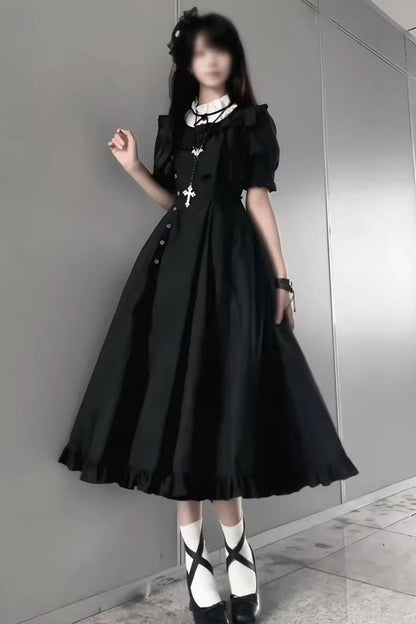Black Elegant Gothic Lolita Dress with Stand Collar and Ruffled Short Sleeves