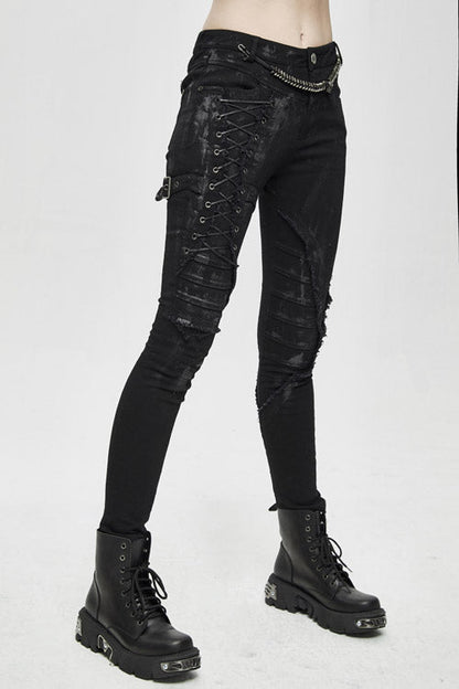 Hand-Painted Laced-Up Gothic Style Slim Pants
