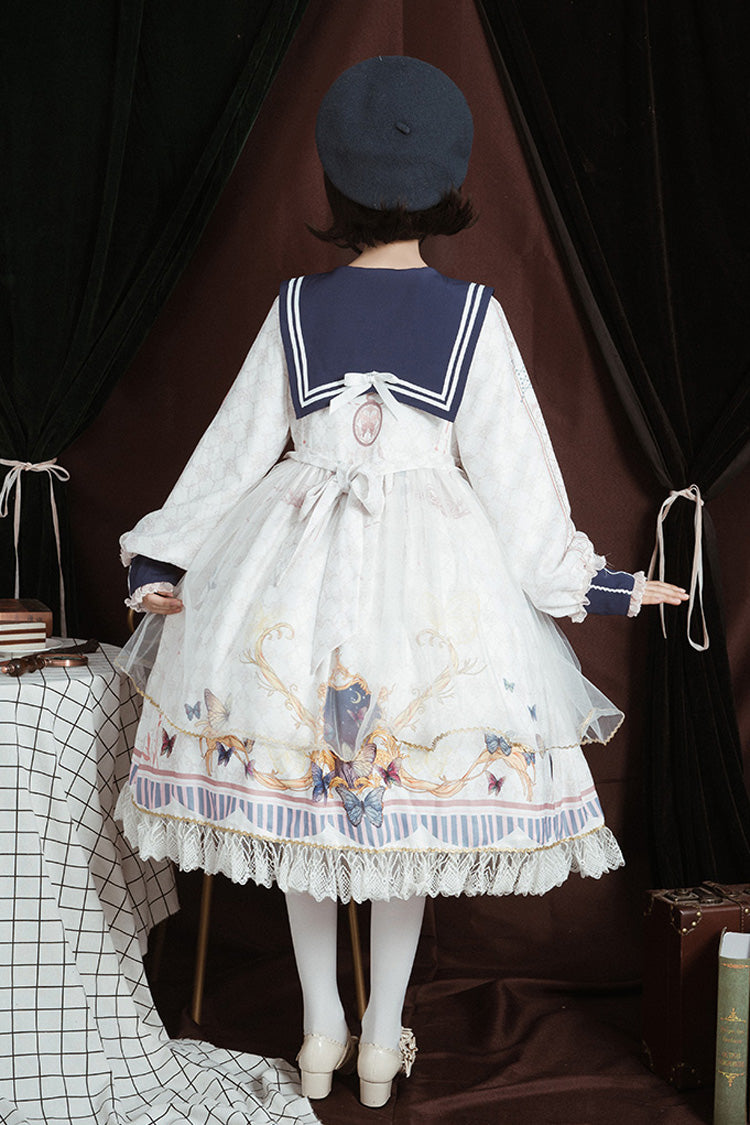 Ivory Navy Collar Butterfly Print Ruffled Bow Princess Gown