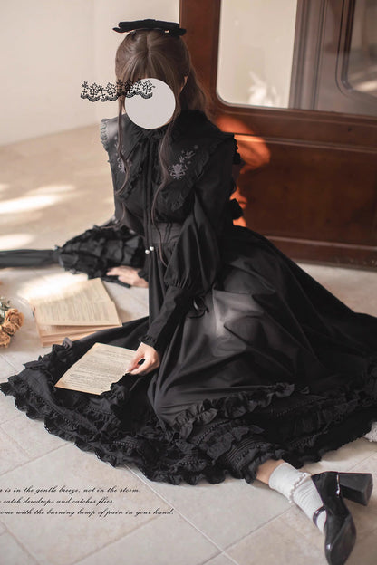 Long-Sleeved Gothic Vintage Elegant Dress with Ruffled Embroidery - Wind Kissed Tulips