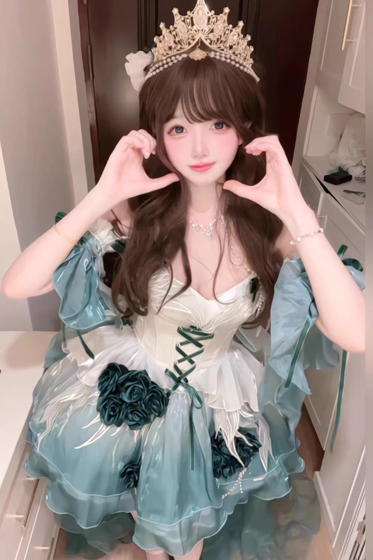 Amber Green Sweet Ballet Lolita Swan Wonderland Embroidery Lace-Up Mini JSK Dress