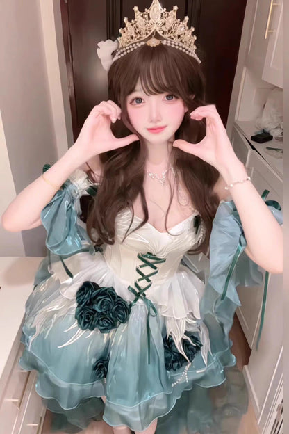 Amber Green Sweet Ballet Lolita Swan Wonderland Embroidery Lace-Up Mini JSK Dress