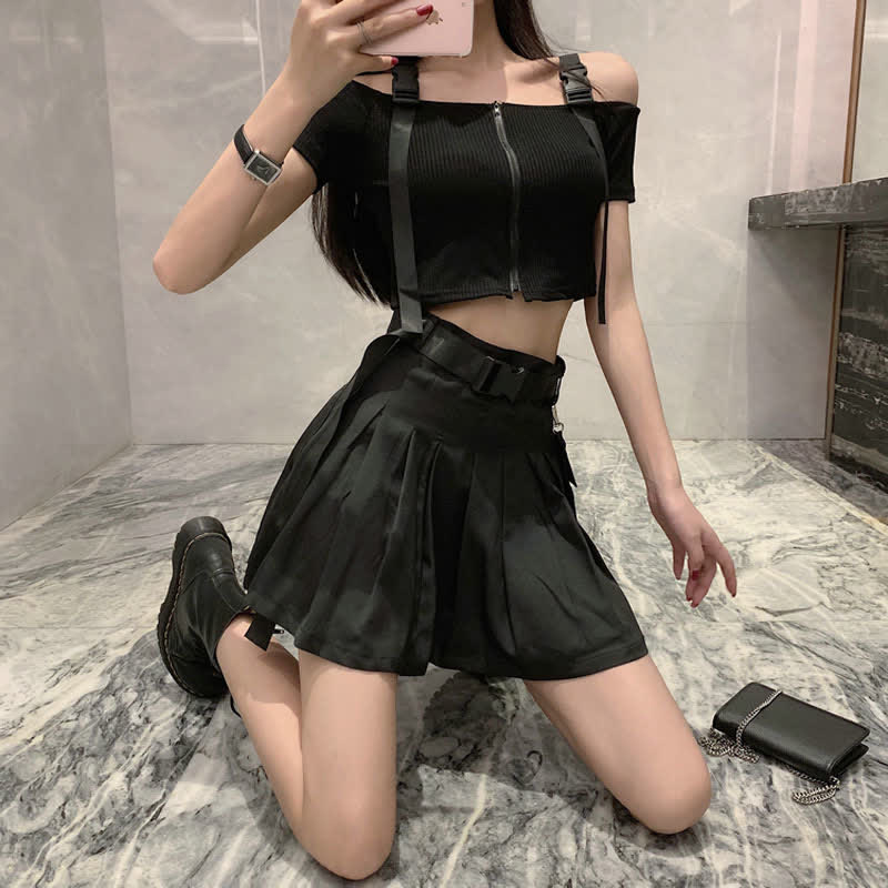 Black Cool Buckle Strap Zipper Crop Top Belted Pleated Skirt