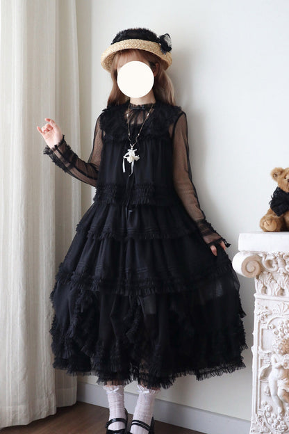 Sweet Stand Collar Long Sleeve Multi Layer Ruffle Color Block Lolita Tiered Dress 14 Colors